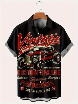 Men's Stylish Loose Car Graphic Print Trachten Shirt, Casual Breathable Lapel Button Up Short Sleeve Shirt For Summer Outdoor Activities