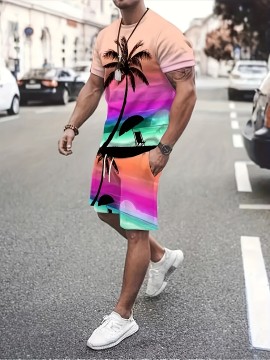 Men's Casual 2pcs Set, Coconut Palm Print T-shirt + Active Shorts Matching Set For Fitness