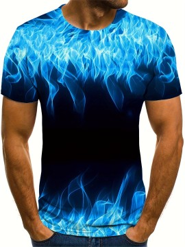 Men's 3D Fire Print Graphic Design Crew Neck Active T-shirt - Casual and Comfy Summer Tee for Daily Gym Workout and Running